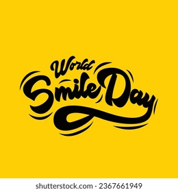 Feliz día de la sonrisa, ilustración de la tipografía vectorial sobre fondo amarillo. Diseño de la plantilla de la tarjeta de saludo del día de la sonrisa Banner, afiche, tarjeta de saludo del día de la sonrisa.