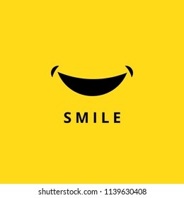 Happy smile doodle. Funny smiling mouth black isolated on yellow bordure background. Cartoon emoji smiles logo banner for holiday greeting card letter font with text vector icon