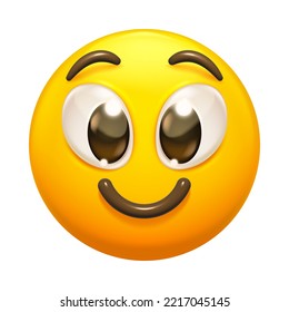 Feliz emoji sonriente. Cara sonriente amarilla con cejas alzadas y ojos grandes, icono vector emoticono positivo