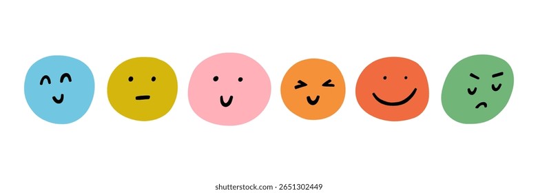 Happy Smile Face Cartoon Icon Set. Abstract Cute Emoji People. Vector Doodle Illustration
