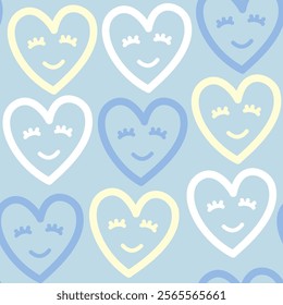 Happy Smile Face Heart Baby Soft Blue Seamless Pattern 