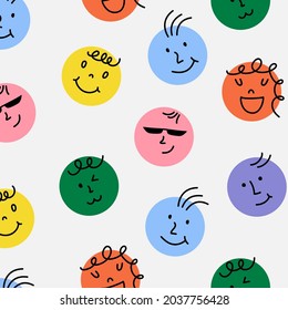 Happy Smile Face Seamless Pattern. Cute Funky Background With Circle Hand Drawn Emoticon Elements For Kids. Vector Art
