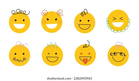 Happy smile faces hand drawn set. Collection of various funny emoji characters with curly hair. Vector illustration isolated on white background