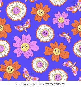 Happy smile flower seamless pattern. Hand drawn groovy retro flowers. Floral funny characters. Vivid Repeat vector illustration