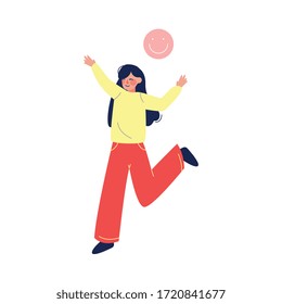 Happy smile Girl in Casual Clothing with Smiley Face above Her Head Vector Illustration