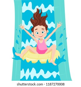 Happy smile girl sliding on tube in aquapark. Cartoon vector illustration.