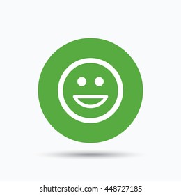 Happy smile icon. Smiley laugh emoticon symbol. Flat web button with icon on white background. Green round pressbutton with shadow. Vector