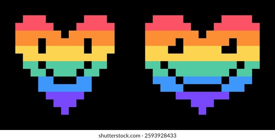 Happy smile LGBTQ 8 bit pixel hearts clipart collection. Perfect for sticker, label, card. Flat isolated vector illustration.


