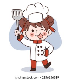 Happy smile little girl chef.kid cooking concept.Doodle hand drawn vector illustration.