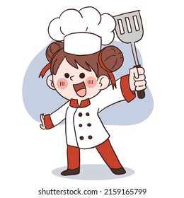 Happy smile little girl chef holding turner .kid cooking concept.Doodle hand drawn vector illustration.