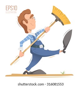 Happy Smile Man Cleaner Worker Holding Broom. Professional Cleaning Service Illustration. Isolated Bright Color Vector Character.