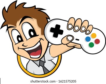happy smile man holding video game console joystick controller vector art illustration