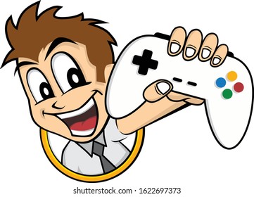 happy smile man holding video game console joystick controller vector art illustration