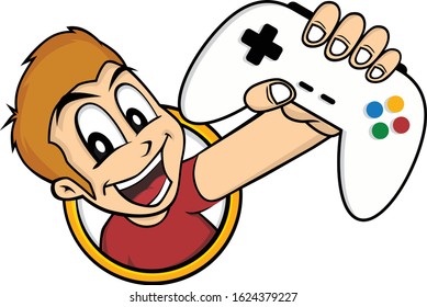 happy smile man holding video game console joystick controller vector art illustration