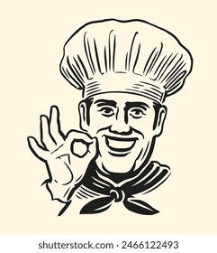 Happy smile middle aged chef man portrait. Smiling male cook gesturing okay sign. Hand drawn sketch drawing