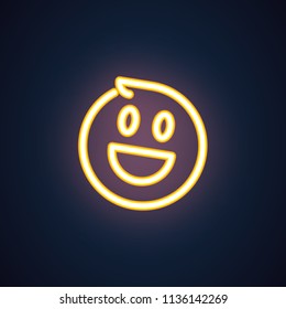 Happy smile neon icon. Cheerful emoji golden illumination symbol. Laughing emoticon expression of positive feelings. Label isolated on black. Element of interface. Vector isolated on black