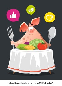 Happy smile pig sit at the table
with big plate of vegetables. Diet concept
