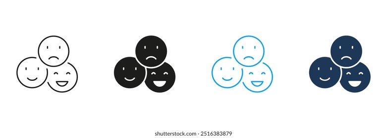 Happy Smile, Positive Face, Sad Emoticon Line and Silhouette Icon Set. Feedback, User Experience Symbol. Emoji Pictogram. Customer Satisfaction Sign. Editable Stroke. Isolated Vector Illustration.