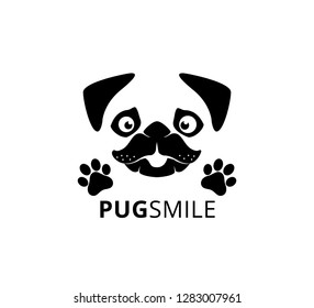 happy smile pug dog face with paw vector graphic design template