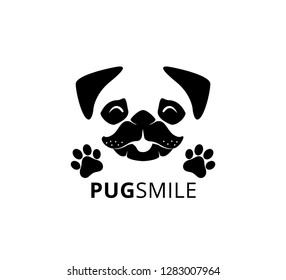 happy smile pug dog face with paw vector graphic design template