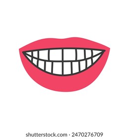 Sonrisa feliz labios rojos con dientes blancos. Símbolo de la boca dibujado a mano. Felicidad Salud dental Odontología Estomatología símbolo. Ilustración vectorial aislada