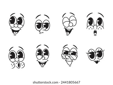 Happy Smile Retro Emoji Set. Vector Black and White Collection Of Vintage-style Laughing and Smiling Emoticons, Faces