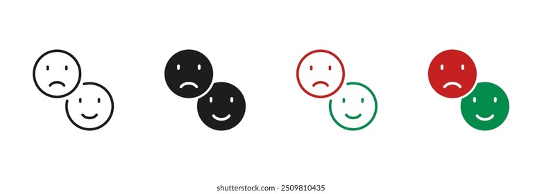 Happy Smile and Sad Face Line and Silhouette Icon Set. Negative and Positive Emoji Pictogram. Good and Unhappy Emoticon Symbol. Feedback Sign. Editable Stroke. Isolated Vector Illustration.