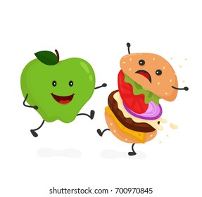 Happy smile strong apple  kick burger, hamburger. Vector modern flat style cartoon character illustration icon design.Isolated on white background. Healthy food against unhealthy fast food.Nutrition