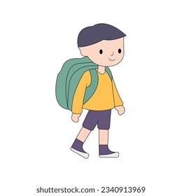 happy smile student boy walk go to school carrying backpack vector doodle kids illustration.