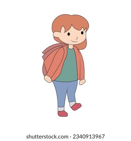 happy smile student girl walk go to school carrying backpack vector doodle kids illustration.
