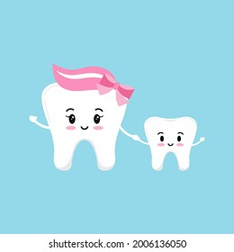 Happy smile teeth family isolated on blue background. Dentist emoji faces tooth family - mum and son. Dental health vector flat design cartoon kawaii style illustration. Family treatment concept.