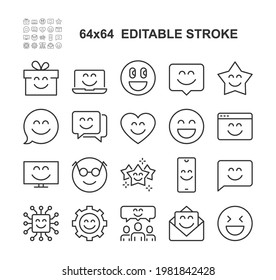 Happy Smile Vector Line Icons Set. Editable Stroke, 64x64 Pixel Perfect.