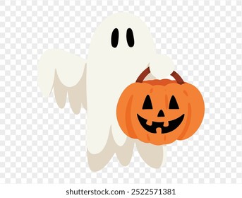 Happy smile white ghost hold   halloween pumpkin bucket isolated on png or transparent background,Halloween party banner. vector