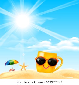 Happy smile yellow mug cartoon on the beach with blue sky and sunray effect with copy space for summer vacation concept vector illustration eps10