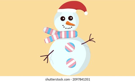 Happy smiled white snowman waveing with transgender patter flag scarf and buttons