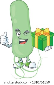 Happy smiley aquificae cartoon mascot design with a gift box. Vector illustration