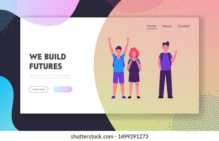 Happy Smiley Children Back to School Concept Website Landing Page. Teenage Kids with Backpacks Stand Together Rejoice for Start New Educational Year Web Page Banner. Cartoon Flat Vector Illustration