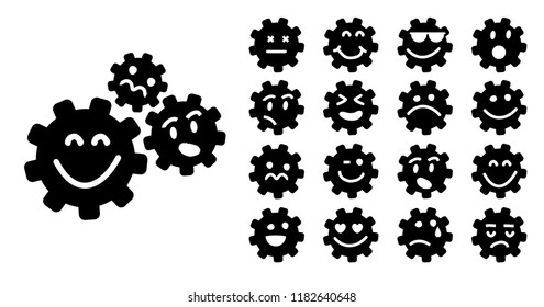 Happy smiley, cogwheels chaos brain. Cogwheel, gear mechanism settings tools. Fun drawing vector gears person icon or sign. Service cog brain pattern or template banner. Think big ideas.