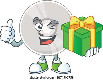 Happy smiley compact disk cartoon mascot design with a gift box. Vector illustration