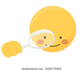 Happy smiley emoji face with magnifying glass in hand, over eye and big smile.
Cute yellow emoticon holding a hand lens, jeweler's loupe, inspection and reading glass, lens magnifier. Clip art, Vector