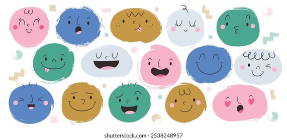 Happy smiley faces, funny colored hand drawn emoji, happy doodle grimacing emoticons flat set. Smiling, surprised, showing tongue, feeling love, kissing facial expressions vector illustration