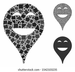 Happy smiley map marker composition of inequal elements in various sizes and color hues, based on happy smiley map marker icon. Vector inequal pieces are united into collage.