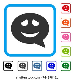 Happy Smiley Message icon. Flat gray iconic symbol inside a blue rounded square. Black, gray, green, blue, red, orange color versions of Happy Smiley Message vector.
