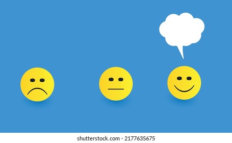 Feliz sonrisa en la burbuja del discurso.
Buena valoración de comentarios, revisión positiva de clientes, experiencia, concepto de encuesta de satisfacción.