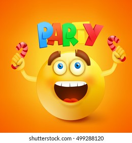 Happy smiley round face. Party invitation card Vector illustration