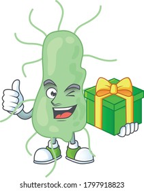 Happy smiley salmonella cartoon mascot design with a gift box. Vector illustration