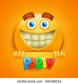 Happy smiley yellow round face. Party title. Vector card