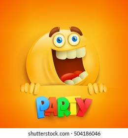 Happy smiley yellow round face. Party title. Vector card