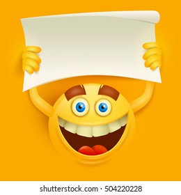 Happy smiley yellow round face with paper banner in hands. Vector illustration