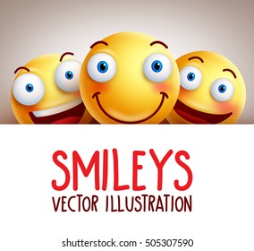 Happy smileys funny vector background with different smile and white empty blank space for text. Vector illustration.
